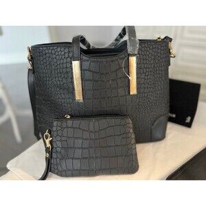 NWT Black Faux Croc Embossed Crossbody/ Wristlet Set Handbag Purse #308